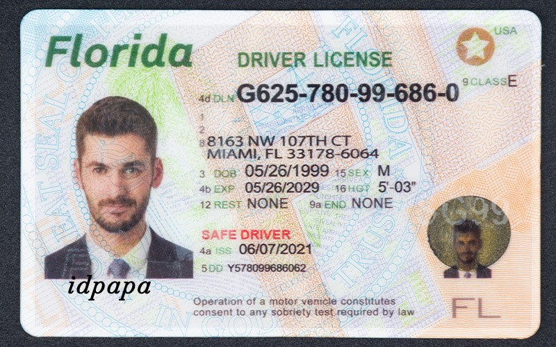 Florida driver license showing personal details, photo, and ID number